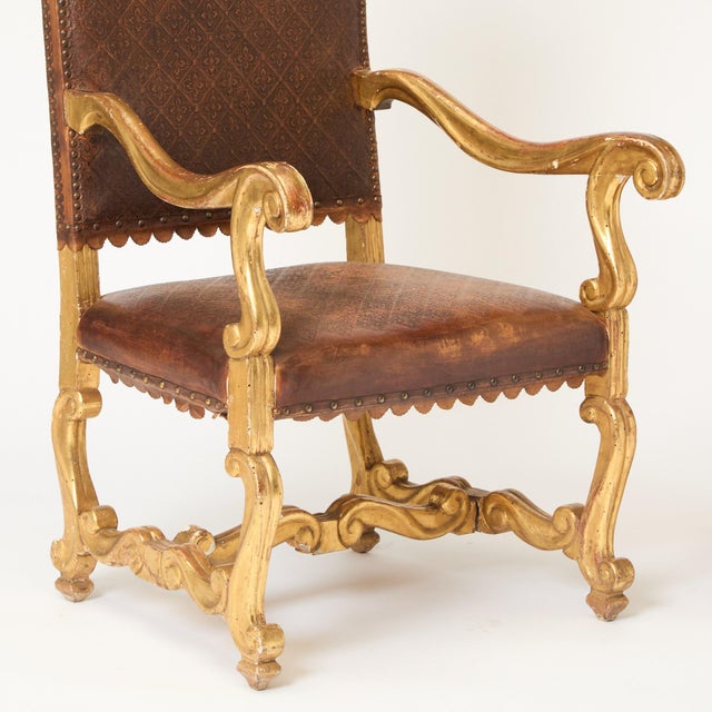Pair of Louis XIV Armchairs in Tooled Leather and Gilt Wood, Late 18th C. For Sale - Image 18 of 18
