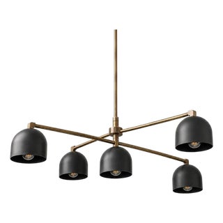 5 Light Brass Black Chandelier, Mid Century Modern Sputnik Ceiling Light, Contemporary Dining Room Fixture, Sculptural Statement Lamp For Sale