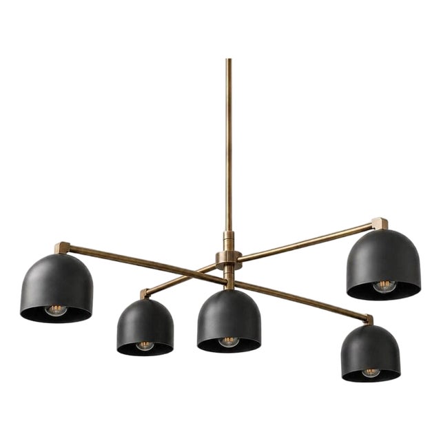 5 Light Brass Black Chandelier, Mid Century Modern Sputnik Ceiling Light, Contemporary Dining Room Fixture, Sculptural Statement Lamp For Sale