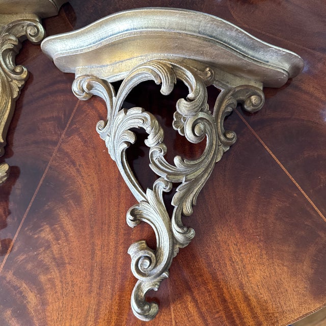 Hollywood Regency 1980s Set of Two Syroco Wood Shelves, Sconces, Gold For Sale - Image 3 of 11