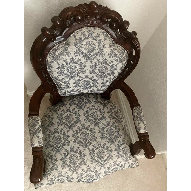 Louis XV Style Bergere Carved Wood and Blue and Dark White Designed Upholstered Chair Vintage For Sale - Image 13 of 16