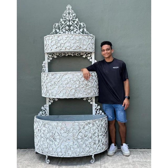 White Vintage Monumental Tiered Wrought Iron Standing Planter For Sale - Image 8 of 12