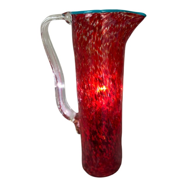 Vintage Hand-Blown Red Spatter Glass Pitcher Turquoise Rim c.1960s-1980s For Sale