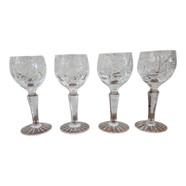 Vintage American Brilliant Style Cut Crystal Cordial Glass With Starburst Base & Hexagonal Stem - Set of 4 For Sale