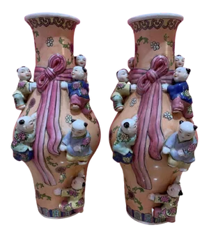 Qing Dynasty Famille Rose 'Seven Boys' Vases - a Pair