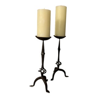 Pair of 1970s Metal Candlesticks With Cream Candles For Sale