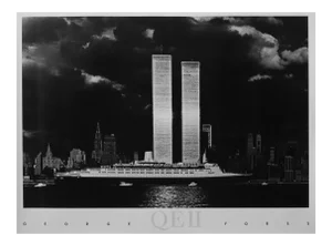 1986 Contemporary Photography Poster, Qeii Sailing Past Twin Towers