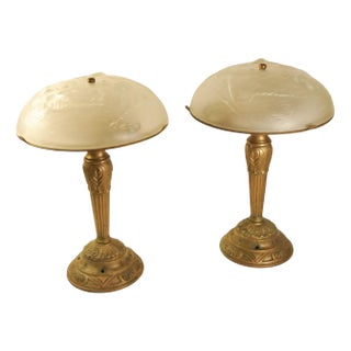 French Art Deco Frosted Glass and Brass Table Lamps, 1970s, Set of 2 For Sale