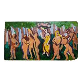 Vintage Expressionist Modernist Nudes Figure Bathers Landscape Painting Board For Sale