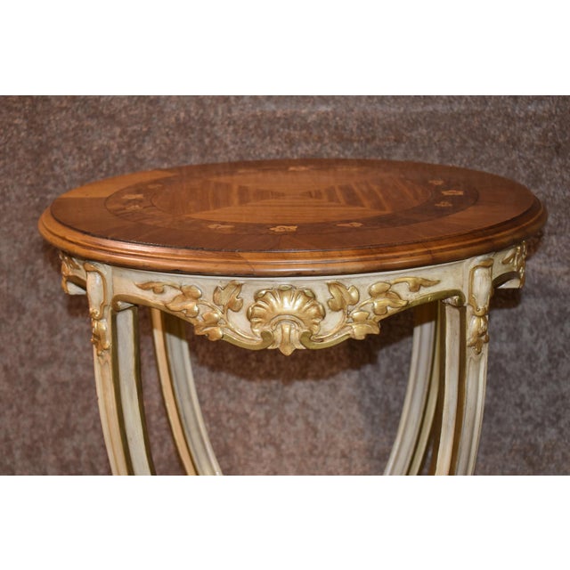 Antique Carved & Inlaid Round French Provincial Table W/Gold Highlights