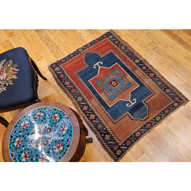 19th Century Caucasian Fachralo Kazak Prayer Area Rug, Persimmon & Blue, 3' x 4' For Sale - Image 14 of 15