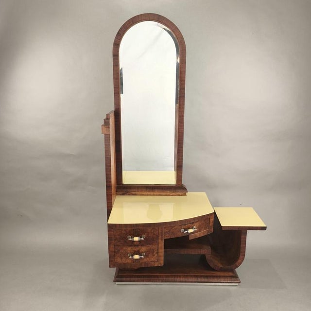 Gorgeous geometric dressing table with curved and square lines, in a 1930s Art Deco design. Rosewood veneer frame,...