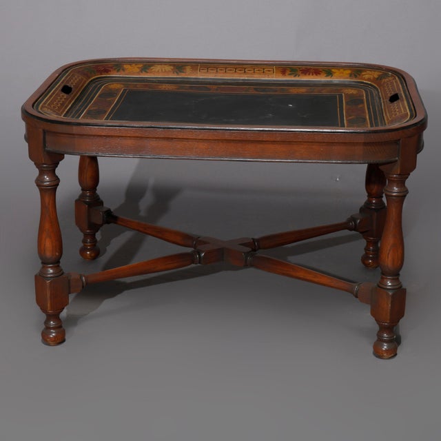 English Georgian Style Walnut Tea Table & Removable Toleware Serving Tray 20th For Sale - Image 12 of 12