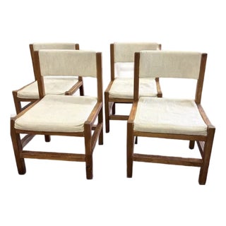 Mid Century Angular Wood Dining Chairs With Thick Linen Upholstery For Sale