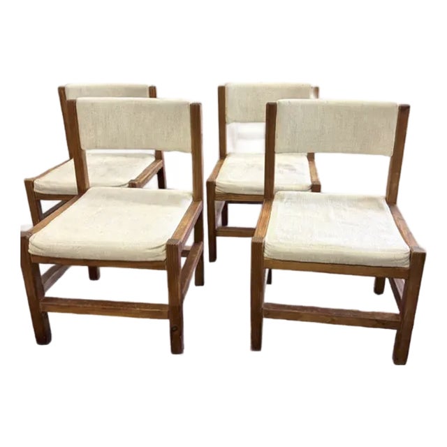 Mid Century Angular Wood Dining Chairs With Thick Linen Upholstery For Sale
