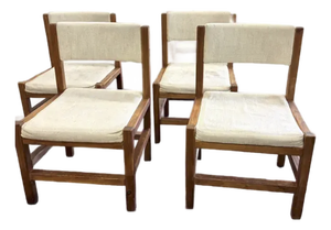 Mid Century Angular Wood Dining Chairs With Thick Linen Upholstery
