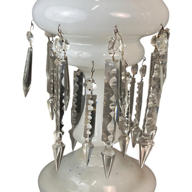 White Antique Pair Victorian Enamel Painted Decorated Art Glass Lusters Prisms For Sale - Image 8 of 8