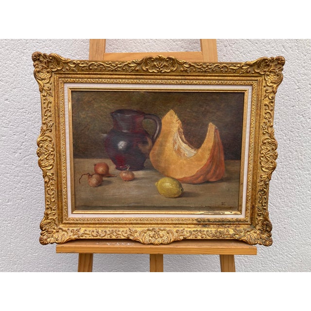 French School Artist, Still Life with Pumpkin and Pitcher, Oil on Canvas, Framed For Sale - Image 11 of 11