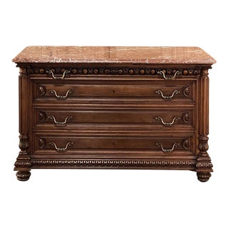 19th Century French Henri II Marble Top Walnut Commode For Sale