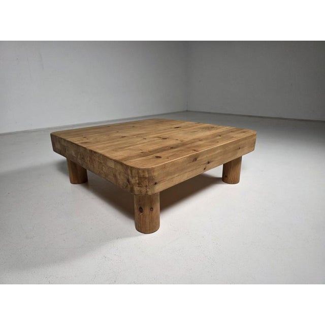 French Solid Pine Coffee Table with Cylindrical Legs, 1970s For Sale - Image 3 of 10