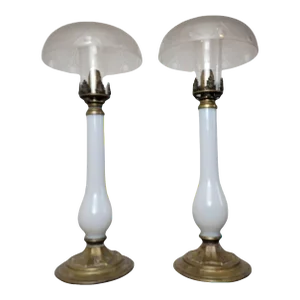 Scarce French Empire Period Opaline Glass Brass Candlestick Table Lamps - a Pair