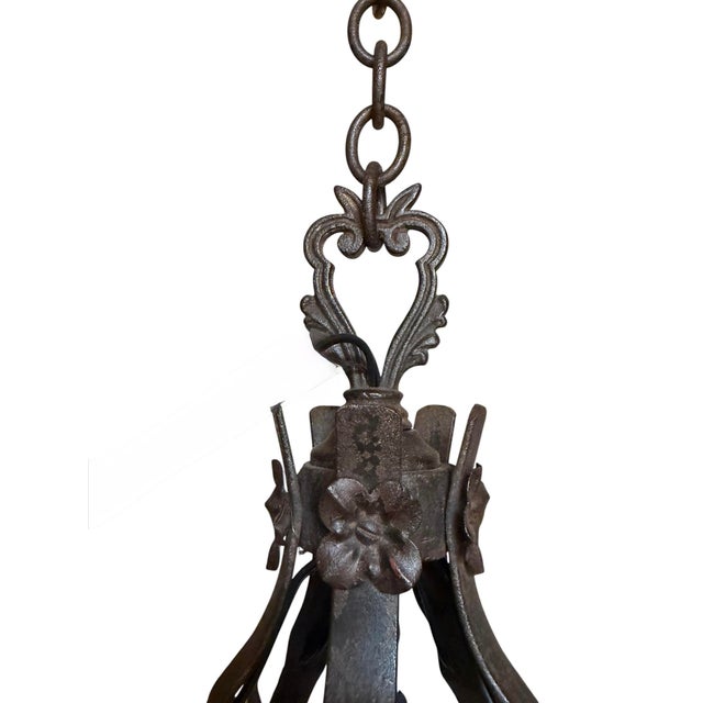 Spanish Revival Vintage French Wrought Iron Chandelier With Forged Flowers For Sale - Image 3 of 13