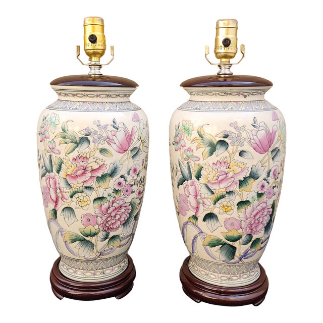 Vintage Peony Chinoiserie Ginger Jar Table Lamp - a Pair For Sale