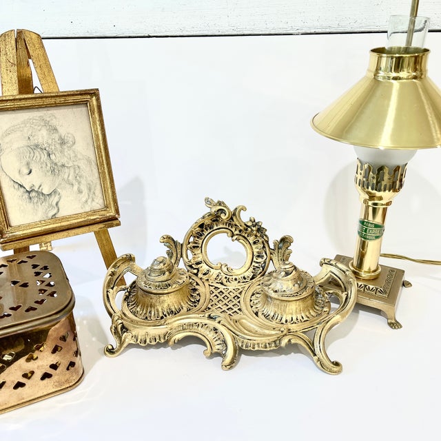 Metal Vintage Brass Double Inkwell For Sale - Image 7 of 8