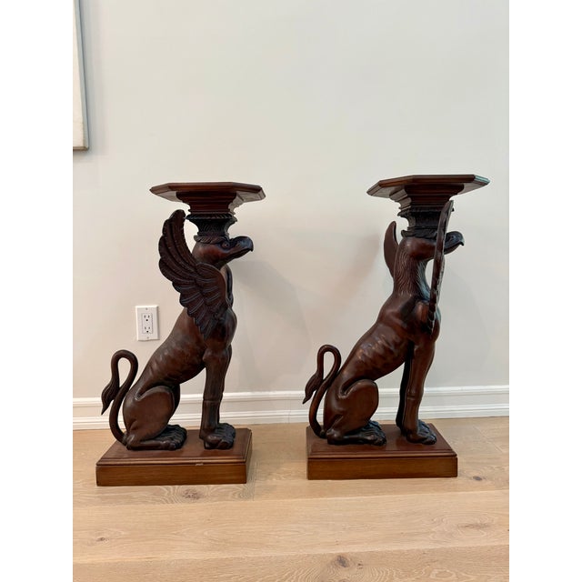 Neoclassical Pair of Neoclassical Winged Griffin Walnut Pedestal Side Tables, Vintage For Sale - Image 3 of 5