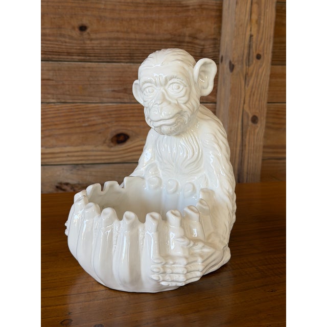 Vintage Italian Regency White Glazed Monkey Sculptural Ceramic Cachepot For Sale - Image 11 of 12