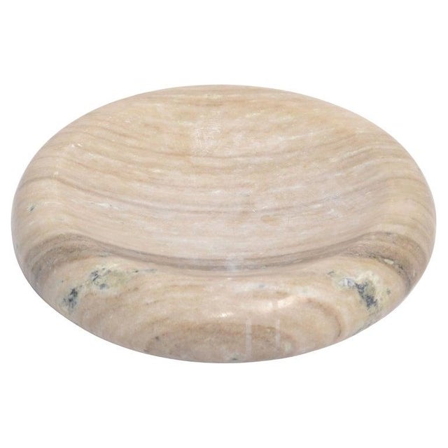20th Century Mid-Century Modern handmade 14 inches veined tan, beige Carrara marble bowl, plate, centerpiece made in...