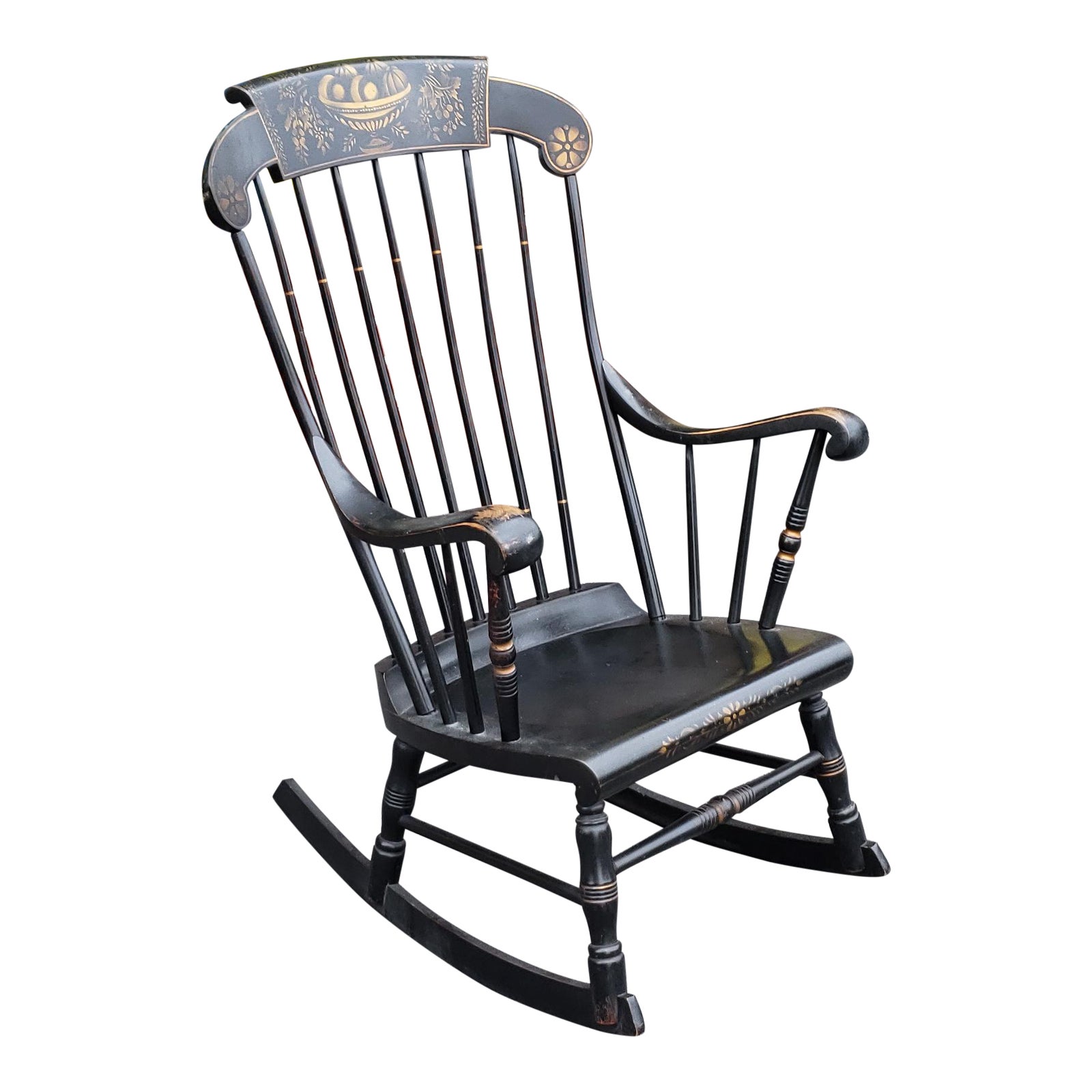 Vintage 1960s S Bent Bros Hitchcock Style Black Stenciled Country Colonial Rocker Rocking Chair Chairish The black and white makes it an easy piece to mix and match. vintage 1960s s bent bros hitchcock style black stenciled country colonial rocker rocking chair