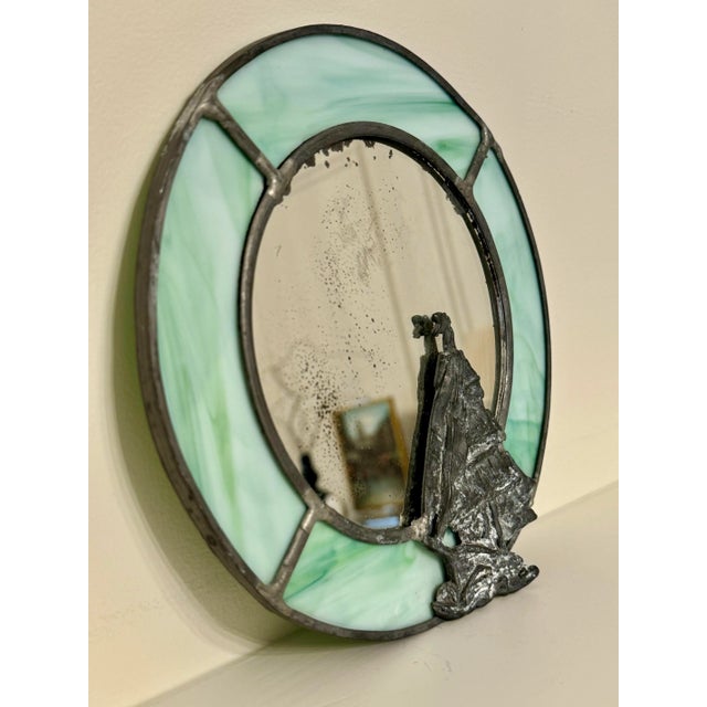 Mid 20th Century Vintage Coastal Stained Glass & Pewter Finish Ship Accent Mirror For Sale - Image 5 of 11