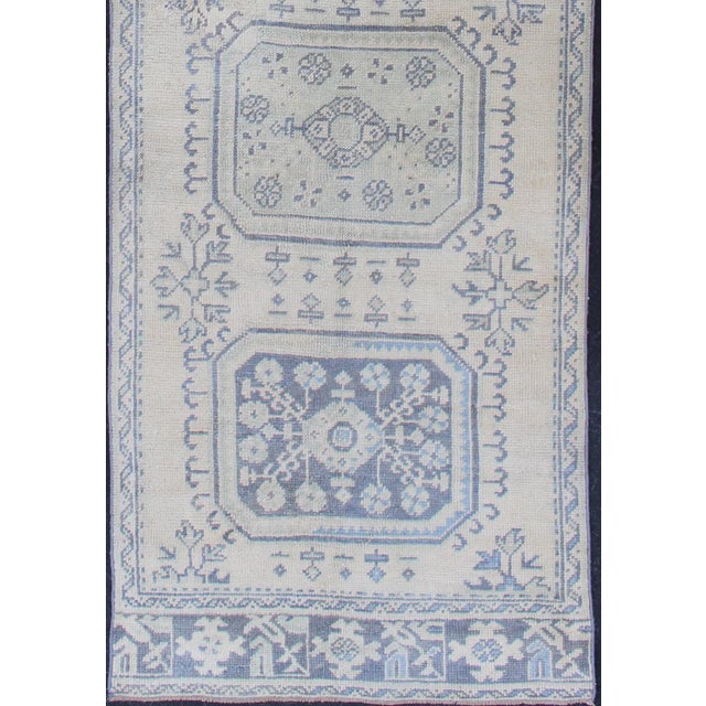 Turkish Vintage Turkish Oushak Runner in Faded Blue in Neutral Background For Sale - Image 3 of 13