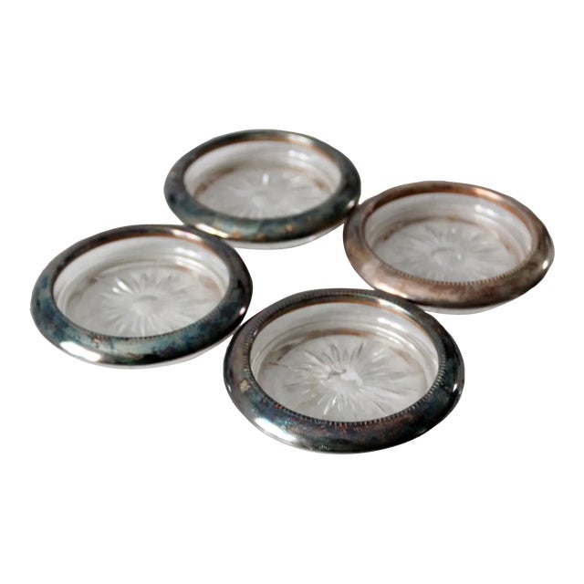 Mid Century Leonard Silver Plate and Glass Coaster Set 4 For Sale
