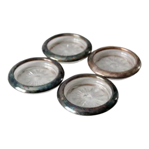 Mid Century Leonard Silver Plate and Glass Coaster Set 4