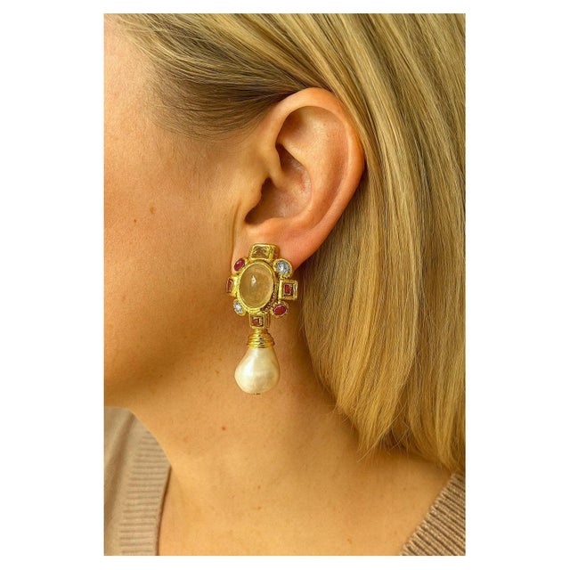Bochic "Orient" Vintage Lemon Quartz, Rodorite & Pearl Earrings Set 18K Gold&Silver Natural Lemon Quartz - 2 carat Natural...