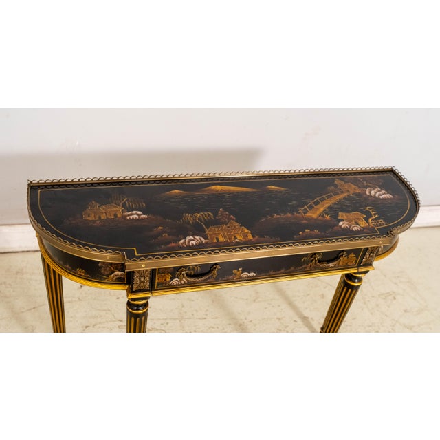 Scarborough House Hand Painted Chinoiserie Ebony & Gilt Gold Console Table For Sale In Philadelphia - Image 6 of 18