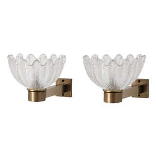 Wall Lamps in Satin Brass and Murano Glass from Barovier & Toso, 1950s, Set of 2 For Sale