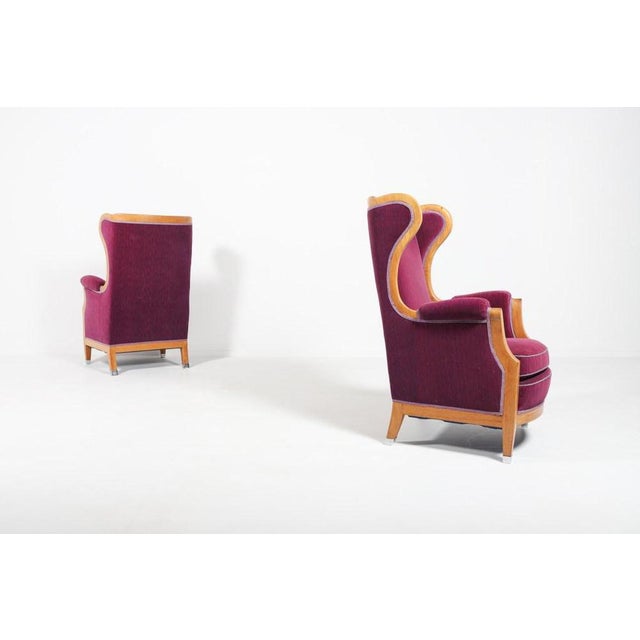 Pair of 2 Swedish spectacular lounge armchairs with varnished oak frame and pink purple striped fabric upholstery, loose...