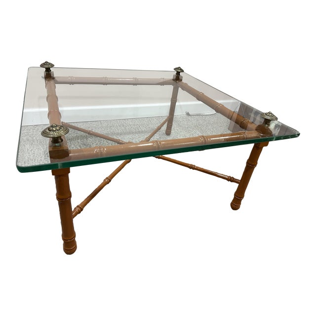 1970s Vintage Faux Bamboo Wood & Glass Coffee Table For Sale