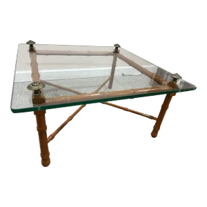 1970s Vintage Faux Bamboo Wood & Glass Coffee Table