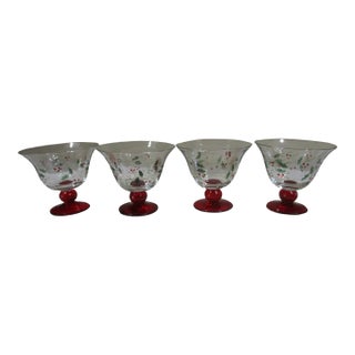 1970s Pfaltzgraff Winterberry Footed Dessert Bowls Painted Glass New in Box - Set of 4 For Sale