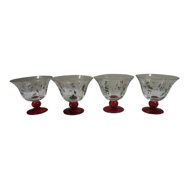 1970s Pfaltzgraff Winterberry Footed Dessert Bowls Painted Glass New in Box - Set of 4 For Sale