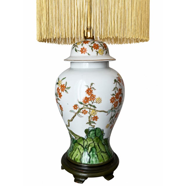Vintage Chinoiserie Floral Ginger Jar Table Lamp With Long Gold Fringe Shade For Sale - Image 4 of 16