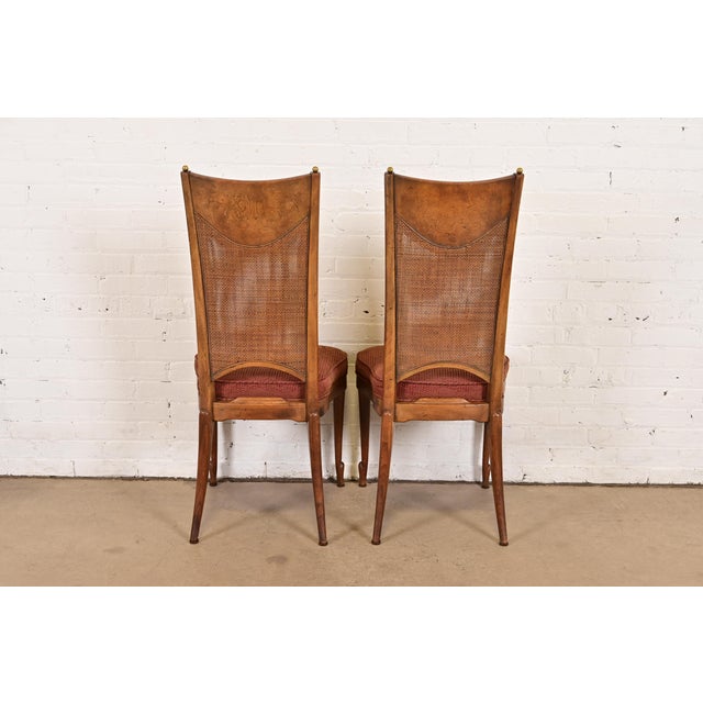 William Doezema for Mastercraft Mid-Century Modern Hollywood Regency Burl Wood and Cane Back Dining Chairs, Set of Four For Sale - Image 11 of 12