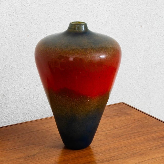 Red Mid Century Modern Studio Glass Vase Blue Red and Yellow 70s Handblown Flower Vase For Sale - Image 8 of 12
