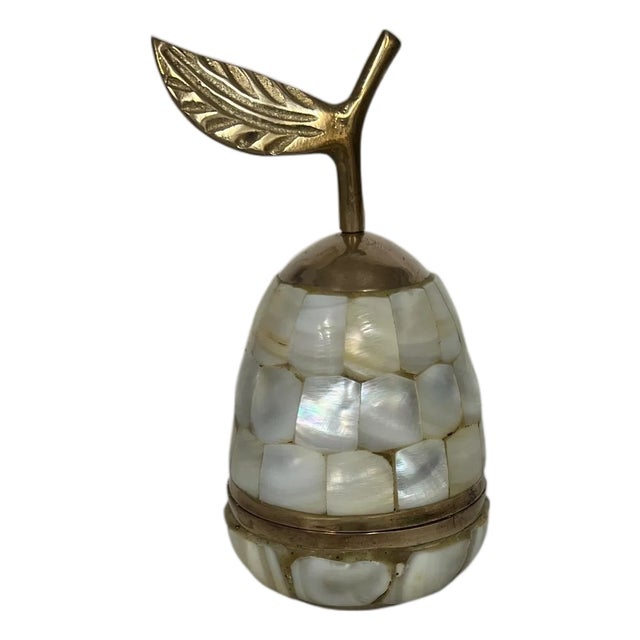 Vintage Brass and Mother of Pearl Pear Trinket Box For Sale