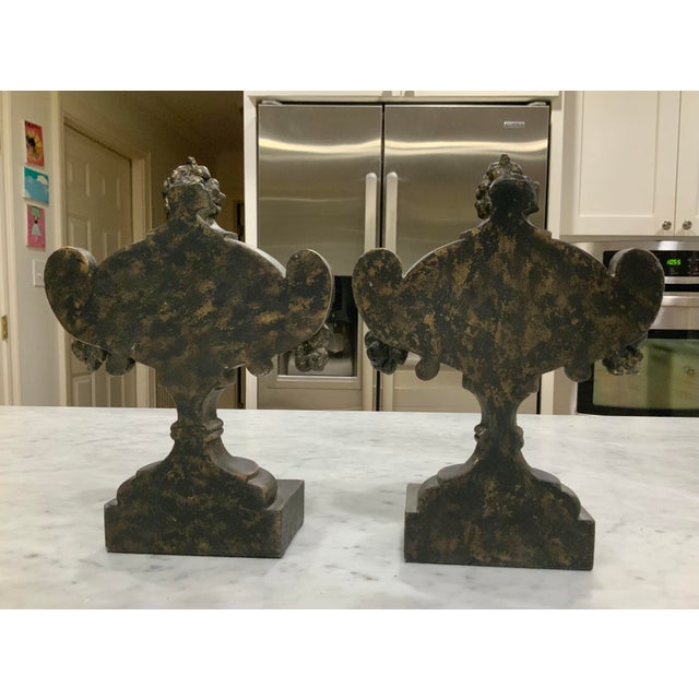 Ethan Allen Style Sculptural Urn Like Pair, Bronze Color & Heavy - Bookends, Doorstops, Mantel Pieces, Grandmillennial, Cottagecore & European Decor For Sale In New Orleans - Image 6 of 7