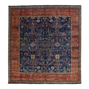 Modern Serapi Style Handmade Geometric Floral Blue and Rust Square Wool Rug